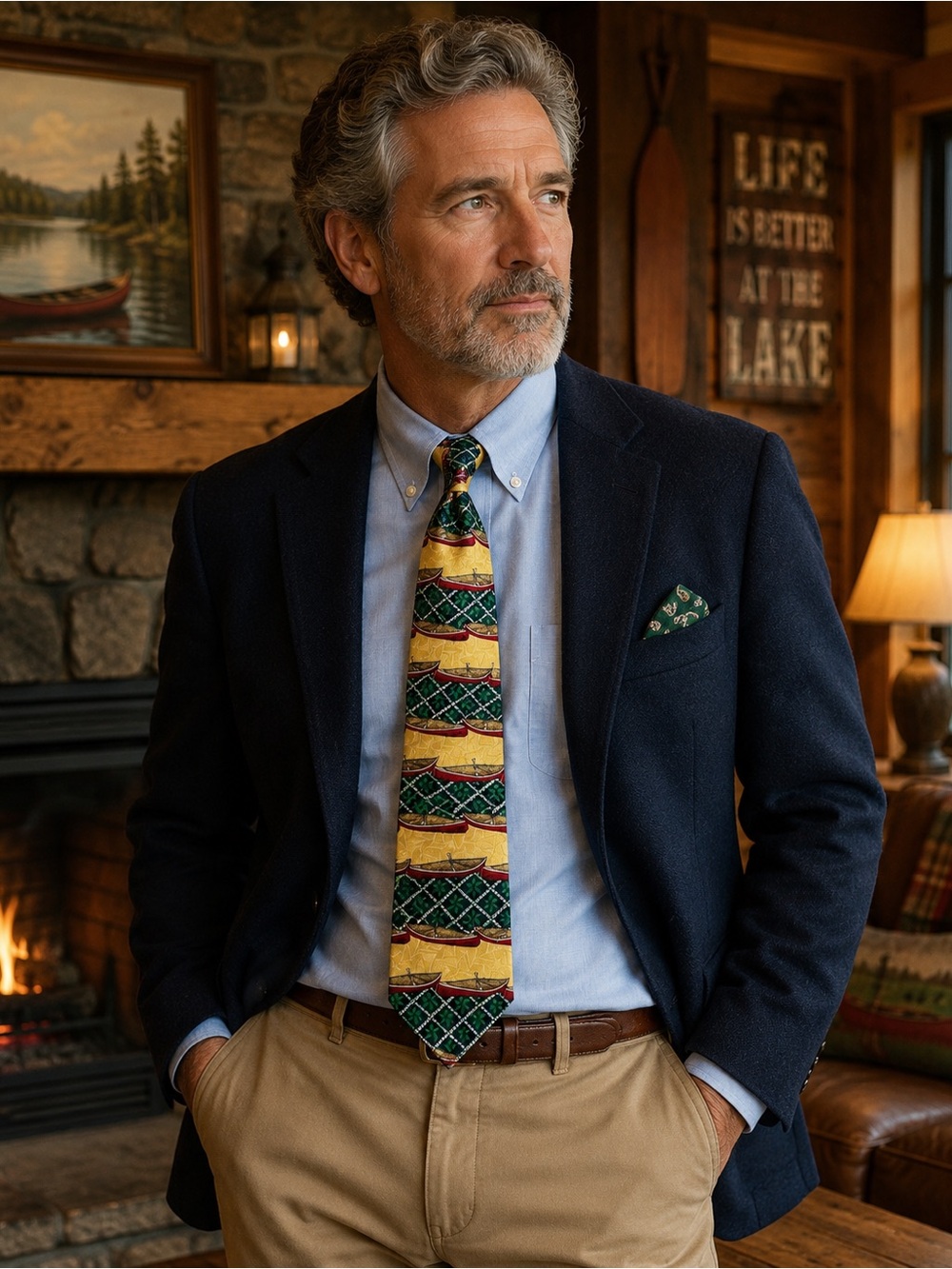 Bob Timberlake Silk Tie Canoe Print Yellow Rustic Outdoor Novelty USA